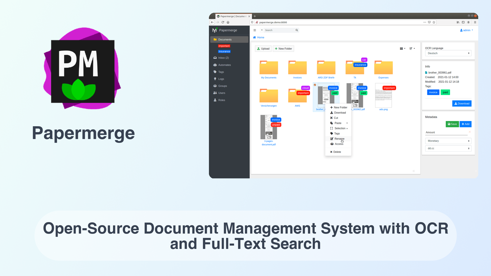 Papermerge: Open-Source Document Management System with OCR and Full-Text Search