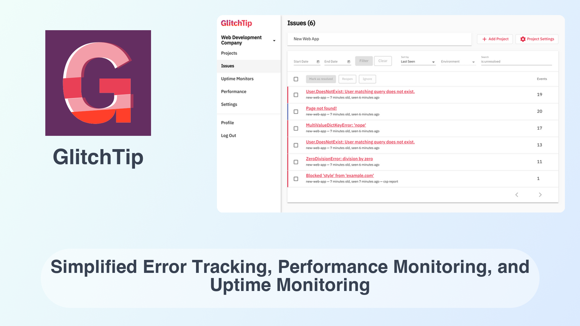 GlitchTip: Simplified Error Tracking, Performance Monitoring, and Uptime Monitoring