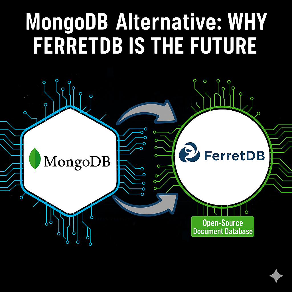 Cover image comparing MongoDB and FerretDB with circuit-style design, highlighting FerretDB as the future of open-source document databases.