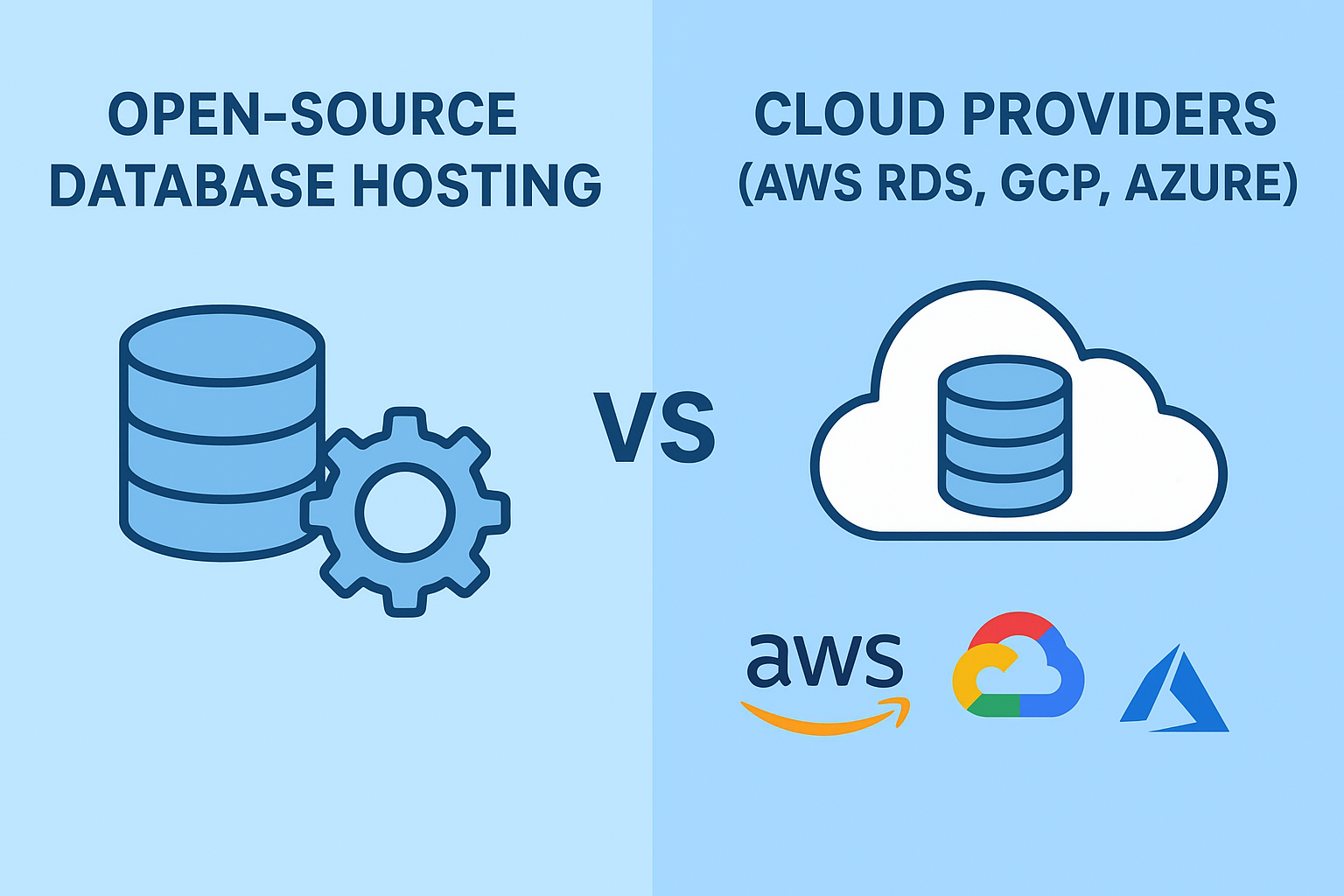 Infographic showing a split design: on the left, a database icon with a gear representing open-source database hosting; on the right, a cloud with a database icon representing cloud providers, along with AWS, Google Cloud, and Azure logos