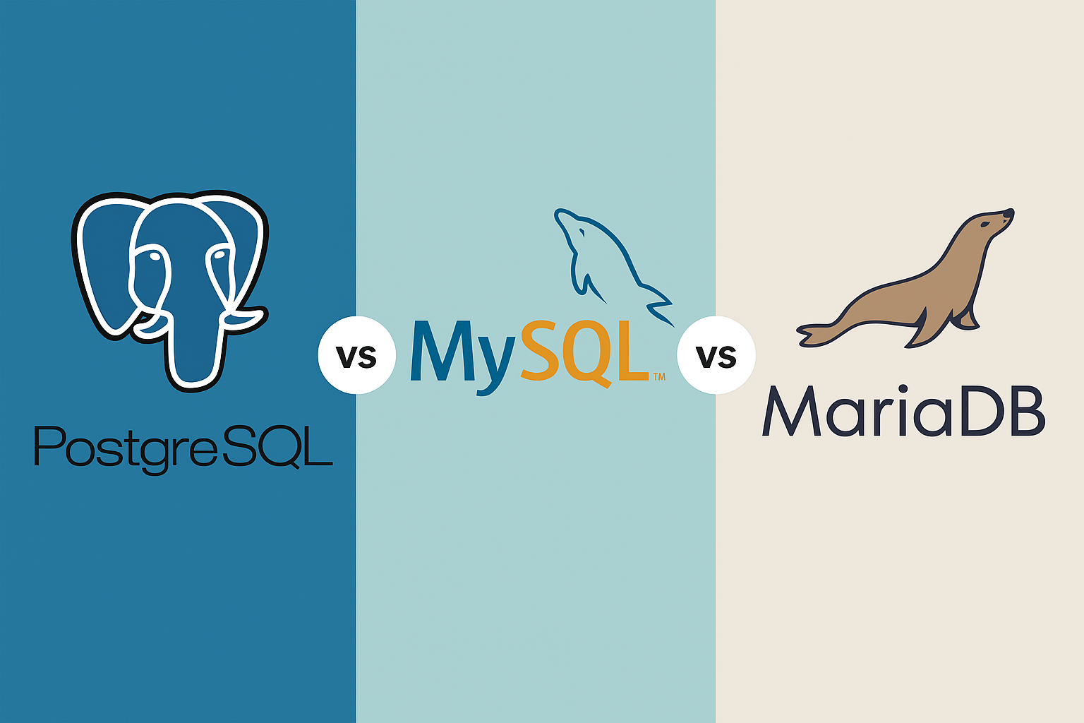 Digital graphic comparing PostgreSQL, MySQL, and MariaDB logos side by side, highlighting differences in open-source database choices.