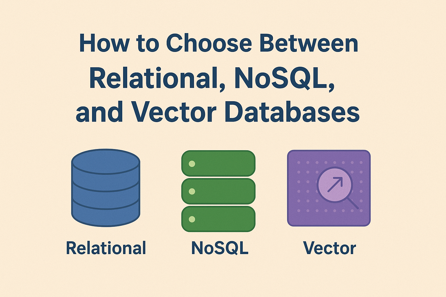 Flat-style infographic showing icons for relational, NoSQL, and vector databases with the title “How to Choose Between Relational, NoSQL, and Vector Databases.”