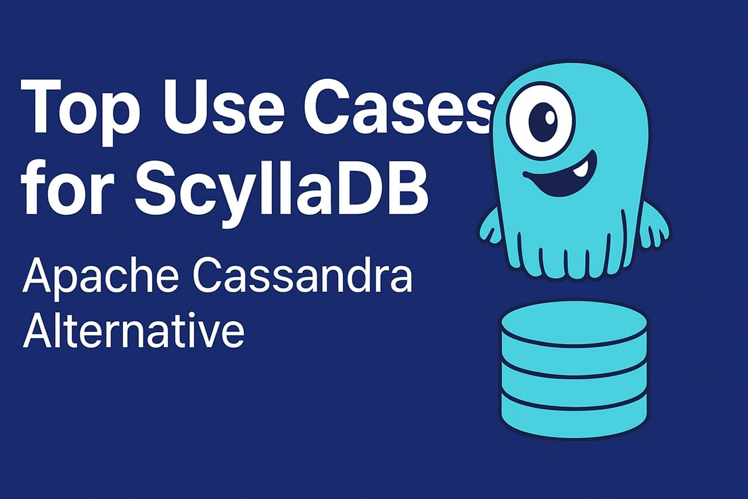 Illustration of the ScyllaDB octopus mascot with database icons on a blue background, representing top ScyllaDB use cases as an Apache Cassandra alternative.