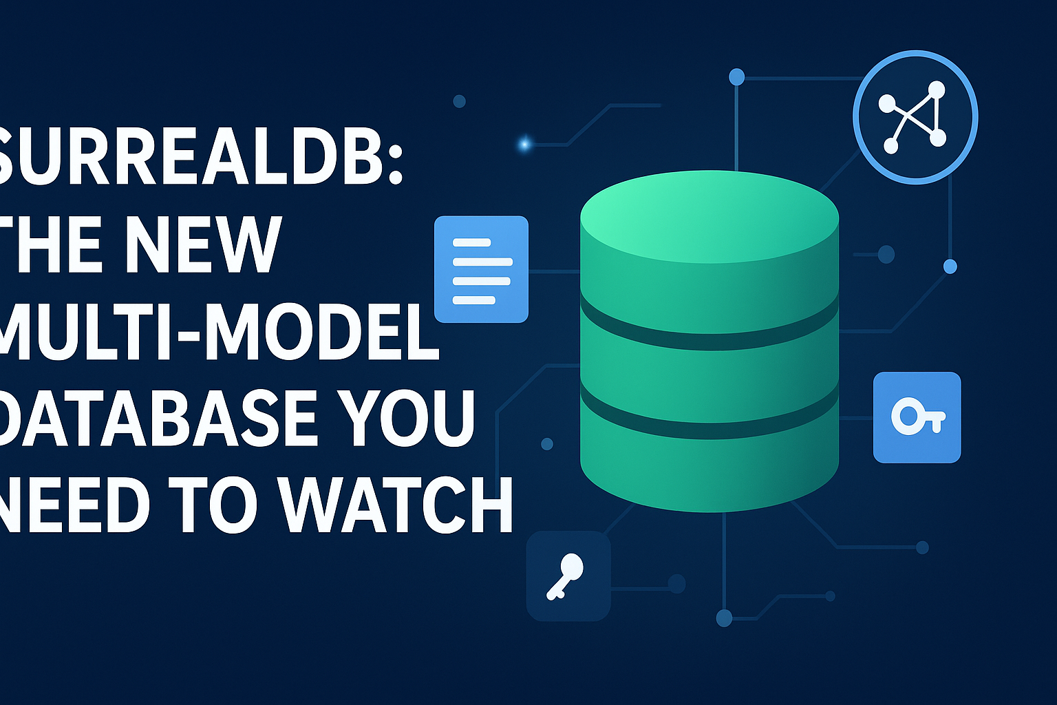 Cover image featuring the title "SurrealDB: The New Multi-Model Database You Need to Watch" with database, document, and graph icons connected by lines, symbolizing SurrealDB’s unified approach to data models.